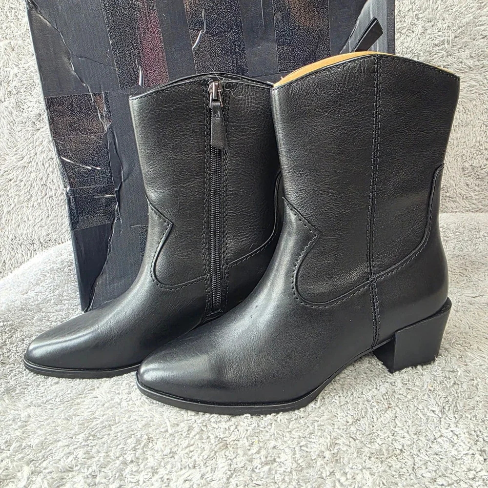 NATURALIZER Womens Black Gaby Almond Toe Block Heel Leather Western Boot 5M NEW‎
